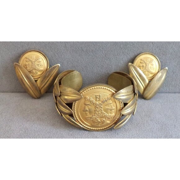 Rare Vintage FENDI JEWELRY SET Roman COIN CUFF BRACELET + Clip EARRINGS Big Bold - Picture 1 of 12